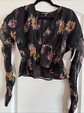 Steve Madden Black Floral V-Neck Peplum Blouse - Pink & Yellow Accents